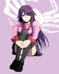  bakemonogatari kenji_t1710 leg_hug legs long_hair monogatari_(series) purple_hair school_uniform senjougahara_hitagi sitting solo thighhighs 