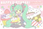  birthday cake candy checkerboard_cookie cookie cupcake detached_sleeves doughnut food hair_ribbon hatsune_miku headphones long_hair necktie pastry ribbon shio_(orange_lounge) shio_(pixiv151189) skirt smile star thigh-highs thighhighs twintails very_long_hair vocaloid 