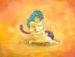  1girl ai2 ai_(pokemon) blue_hair dress hug meiji_(pixiv) mewtwo nintendo pokemon pokemon_(creature) simple_background smile 