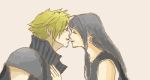  1boy 1girl black_hair blonde_hair closed_eyes cloud_strife cloud_tifa final_fantasy final_fantasy_vii final_fantasy_vii_advent_children incipient_kiss lowres oekaki tifa_lockhart 