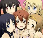  5girls :p akiyama_mio bad_id black_hair blonde_hair blue_eyes bread brown_eyes brown_hair chocolate cookie eyebrows food hair_ornament hairband hairclip hands hirasawa_yui k-on! kotobuki_tsumugi long_hair maruki_(punchiki) multiple_girls nakano_azusa red_eyes short_hair tainaka_ritsu taiyaki tongue twintails wagashi yellow_eyes 