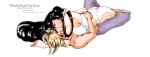  1boy 1girl black_hair blonde_hair breasts character_name closed_eyes cloud_strife cloud_tifa copyright_name earrings final_fantasy final_fantasy_vii hug kiss lying lying_on_person panties shirtless tifa_lockhart white_background 