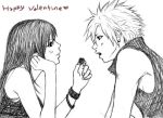  1boy 1girl chocolate cloud_strife cloud_tifa feeding final_fantasy final_fantasy_vii heart lowres monochrome open_mouth sketch tifa_lockhart valentine 