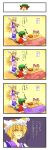  4koma absurdres animal_ears blonde_hair brown_hair cat_ears cat_tail chen comic earrings eating fox_tail hana_azuki hat highres jewelry kyuubi long_hair multiple_tails oven_mittens oven_mitts short_hair sleeping slippers tail touhou translated translation_request yakumo_ran yakumo_yukari 