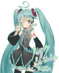  ahoge aqua_eyes aqua_hair bad_id birthday detached_sleeves ga9 hatsune_miku headphones headset long_hair necktie simple_background skirt smile solo thigh-highs thighhighs twintails v very_long_hair vocaloid wink zettai_ryouiki 