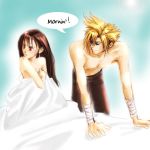  1boy 1girl bandages bed blanket blonde_hair blue_eyes blush brown_hair cloud_strife cloud_tifa earrings final_fantasy final_fantasy_vii long_hair lowres red_eyes shirtless smile tifa_lockhart topless 