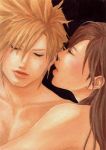  1boy 1girl black_background blonde_hair brown_hair closed_eyes cloud_strife cloud_tifa final_fantasy final_fantasy_vii shirtless tifa_lockhart 