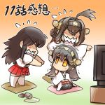  3girls ahoge akagi_(kantai_collection) brown_hair commentary double_bun hair_bun haruna_(kantai_collection) hisahiko kantai_collection kongou_(kantai_collection) long_hair multiple_girls open_mouth pleated_skirt red_skirt revision sitting sitting_on_pillow skirt star star-shaped_pupils symbol-shaped_pupils thigh-highs translated trembling 
