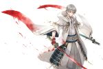  1boy blood bloody_weapon dakuro dual_wielding grey_hair holding holding_sword holding_weapon hood japanese_clothes katana male_focus short_hair sode solo sword touken_ranbu tsurumaru_kuninaga weapon yellow_eyes 