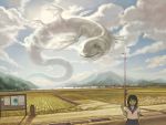  1girl brown_hair catcar0983 clouds flying giant mountain open_mouth original rice_paddy scenery short_hair sky smile snake v 