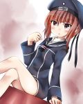  1girl brown_eyes brown_hair character_name dutch_angle hat kantai_collection looking_at_viewer parted_lips sailor_dress sailor_hat sanari_(quarter_iceshop) short_hair sitting solo z3_max_schultz_(kantai_collection) 