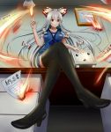  1girl black_legwear blush bow desk fire from_below fujiwara_no_mokou hair_bow hair_ribbon long_hair niconico paper red_eyes ribbon shigure_(0526220401) silver_hair sitting_on_desk skirt solo thigh-highs touhou tress_ribbon very_long_hair wall_clock 