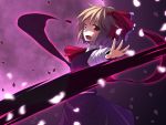  1girl :d blonde_hair blurry darkness depth_of_field hair_ribbon open_mouth petals pokio red_eyes ribbon rumia shirt skirt smile touhou vest 