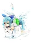  (9) 1girl barefoot bent_over blue_dress blue_eyes blue_hair bow cirno commentary dress fan hair_bow ice ice_cube ice_wings neck_ribbon no-kan pout ribbon short_hair short_sleeves simple_background solo sweat touhou white_background wings 