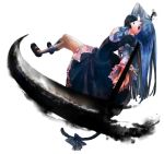  1girl bangs blue_hair blunt_bangs bow cat_tail crossed_legs dress frederica_bernkastel highres kneehighs open_mouth reichi scythe smile tail umineko_no_naku_koro_ni violet_eyes white_legwear 