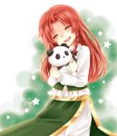  bangs blush braid closed_eyes collared_shirt doll_hug hong_meiling hug kuyuru_(vocalo520) long_hair long_sleeves neck_ribbon open_mouth panda pants parted_bangs redhead ribbon shirt smile star stuffed_animal stuffed_toy touhou white_background 