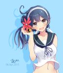  1girl :d akebono_(kantai_collection)_(cosplay) alternate_hairstyle asymmetrical_hair bare_shoulders bell blue_eyes blue_hair collarbone flower flower_on_head highres kantai_collection looking_at_viewer midriff navel open_mouth shadow shirt_lift side_ponytail smile solo tbd11 ushio_(kantai_collection) wind_lift 