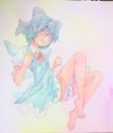  1girl barefoot blue_eyes blue_hair bow cirno clenched_hands full_body hair_bow highres ice ice_wings looking_at_viewer open_mouth pink_background puffy_short_sleeves puffy_sleeves short_hair short_sleeves smile solo touhou traditional_media watercolor_(medium) wings yuyu_(00365676) 