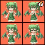  ! arms_behind_back blush closed_eyes expressions flat_chest green_eyes green_hair grin hand_on_hip hands_on_hips kso looking_at_viewer short_hair side_ponytail simple_background smile wings 