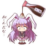  1girl animal_ears chibi constricted_pupils food food_on_head kneehighs long_hair long_sleeves looking_down lowres necktie object_on_head pleated_skirt pouring purple_hair rabbit_ears red_eyes reisen_udongein_inaba rice ryogo shadow simple_background skirt solo soy_sauce suit_jacket tears touhou v_arms very_long_hair white_background 