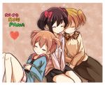  3girls ^_^ alternate_hairstyle between_legs black_hair blonde_hair bow closed_eyes flying_sweatdrops hair_bow hand_between_legs heart hood_down hoshizora_rin koizumi_hanayo leaning_on_person long_sleeves love_live!_school_idol_project multiple_girls orange_hair shikei_(jigglypuff) skirt sleeping twintails yazawa_nico 