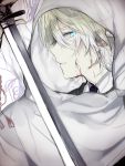  1boy blonde_hair blood blood_on_face blue_eyes hood male_focus poni_(rito) profile sword touken_ranbu weapon yamanbagiri_kunihiro 