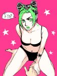  black_hair bra double_bun from_above green_eyes green_hair green_lipstick holding_hands joestar_birthmark jojo_no_kimyou_na_bouken kuujou_jolyne lipstick makeup multicolored_hair panties resisting tattoo two-tone_hair underwear yui930 