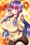 1girl blue_hair breasts cleavage cleavage_cutout eyebrows gradient_hair highres horns jinguu_yakumo large_breasts long_hair looking_at_viewer multicolored_hair natsu_hotaru open-chest_sweater origami original pink_eyes pink_hair ribbed_sweater shorts smile solo sweater thick_eyebrows turtleneck turtleneck_sweater 