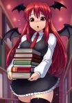 1girl :o aura bat_wings black_legwear blush book book_stack bookshelf breasts candle dark_aura dress dress_shirt flying_sweatdrops head_wings highres holding holding_book koakuma large_breasts library long_hair necktie open_mouth puffy_sleeves red_eyes redhead revision shimashima-ace shirt skirt skirt_set thigh-highs touhou vest when_you_see_it wings zettai_ryouiki 