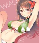  1girl amagi_(kantai_collection) armpits arms_behind_head bare_shoulders breasts brown_eyes brown_hair cleavage_cutout flower flower_on_head hair_between_eyes highres kantai_collection large_breasts long_hair looking_at_viewer lying midriff on_back smile solo tbd11 
