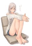  1girl 31_pacers absurdres bare_legs barefoot brown_eyes hands_together highres long_sleeves off_shoulder original shorts side_ponytail silver_hair simple_background sitting solo thighs translation_request white_background 