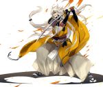 1boy dakuro holding holding_sword holding_weapon japanese_clothes kogitsunemaru long_hair low-tied_long_hair male_focus open_mouth red_eyes sode solo sword tachi touken_ranbu very_long_hair weapon white_hair 