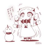  +++ 1girl blush chibi commentary_request covered_mouth dress horn horns kantai_collection long_hair mittens monochrome northern_ocean_hime objectification seaport_hime shinkaisei-kan snowman solo translation_request very_long_hair waving_arms yamato_nadeshiko 