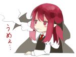  1girl :| arm_rest bat_wings blush_stickers chibi cigarette dress_shirt expressionless flat_gaze head_wings highres juliet_sleeves koakuma long_hair long_sleeves low_wings nagata_nagato necktie payot puffy_sleeves red_eyes redhead shirt simple_background sketch smoke smoking solo touhou translation_request vest white_background white_shirt wings 