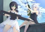  2girls ;p assault_rifle black_dress black_hair brown_eyes collarbone crossed_legs dress east01_06 green_eyes gun highres holding long_hair looking_at_viewer multiple_girls one_eye_closed original ponytail rifle smile tongue tongue_out weapon white_dress white_hair 