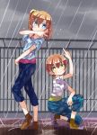  &gt;:) 2girls blue_eyes brown_hair capri_pants doyagao highres hoshizora_rin kousaka_honoka love_live!_school_idol_project multiple_girls one_knee one_side_up pants pointing pointing_up railing rain rooftop scrunchie shikei_(jigglypuff) shirt shoes short_hair short_sleeves standing v wet wet_clothes wet_hair wet_jeans wet_shirt yellow_eyes 