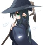  1girl glasses green_eyes hat kso long_hair lowres original pointy_ears simple_background solo staff white_background witch_hat 