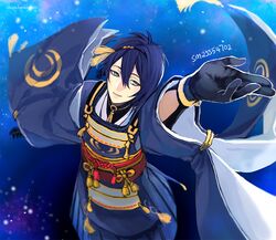  1boy blue blue_eyes blue_hair gloves japanese_clothes male_focus mikazuki_munechika obo open_mouth short_hair solo touken_ranbu watermark web_address 