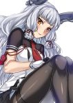  1girl bangs black_legwear blunt_bangs blush deras gloves hair_ribbon headgear kantai_collection long_hair murakumo_(kantai_collection) orange_eyes pantyhose ribbon sailor_dress short_eyebrows silver_hair smile solo tress_ribbon 