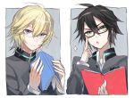  2boys black_hair blonde_hair book cow_(shadow) glasses green_eyes hyakuya_michaela hyakuya_yuuichirou male_focus multiple_boys open_mouth owari_no_seraph short_hair uniform violet_eyes 