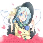  1girl bow colored eyeball flower green_eyes green_hair hat hat_bow heart heart_of_string komeiji_koishi long_sleeves looking_at_viewer looking_down open_mouth petals rose satou_kibi shirt short_hair simple_background sketch solo string third_eye touhou white_background wide_sleeves 