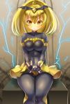  1girl amber_eyes bad_end_peace black_gloves blonde_hair bodysuit breasts collarbone covered_navel double_v fingerless_gloves gloves hair_ornament kazo large_breasts looking_at_viewer precure see-through sitting smile smile_precure! solo v yellow_eyes 