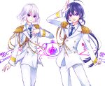  2boys ahoge androgynous black_hair crown double-breasted epaulettes hand_on_own_chest highres honebami_toushirou male_focus multiple_boys namazuo_toushirou necktie open_mouth ponytail smile touken_ranbu violet_eyes white_hair yuyu_(yuyurhythm) 