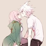  almost_kiss apfl0515 blue_eyes bow dangan_ronpa green_jacket jacket komaeda_nagito lowres md5_mismatch nanami_chiaki pink_bow pink_eyes pink_hair sitting skirt super_dangan_ronpa_2 white_hair 