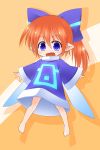  1girl blue_eyes bow fairy_wings hair_bow highres kso looking_at_viewer open_mouth orange_hair pointy_ears simple_background smile solo wings 