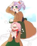  2girls animal_ears blush coat eating fadin_(milihime_taisen) food green_eyes hair_ornament highres lavrinenko_(milihime_taisen) long_coat milihime_taisen military military_uniform multiple_girls pink_hair purple_hair red_scarf scarf trench_coat uniform 