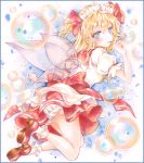  1girl ankle_socks bloomers blue_eyes border bubble bubble_blowing colored_pencil_(medium) fairy_wings flying folded_leg gradient gradient_background hair_ribbon headdress looking_at_viewer looking_back marker_(medium) potto_(minntochan) puffy_short_sleeves puffy_sleeves redhead ribbon short_hair short_sleeves skirt solo sunny_milk touhou traditional_media twintails underwear watercolor_(medium) wings 