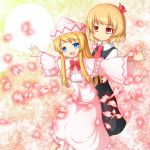  2girls blonde_hair blue_eyes dress frilled_skirt frills hair_ribbon hug hug_from_behind ilk lily_white long_hair multiple_girls outstretched_arms petals red_eyes ribbon rumia shirt short_hair skirt spread_arms touhou wide_sleeves 