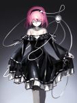  1girl alternate_costume azuki_(azuki-taste) bare_shoulders black_dress black_legwear closed_eyes collarbone dress hairband heart highres komeiji_satori long_sleeves off_shoulder pink_hair solo thigh-highs third_eye touhou wide_sleeves zettai_ryouiki 