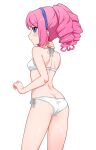  1girl aikatsu!_(series) aikatsu_stars! ass back bare_arms bare_legs bare_shoulders bikini blue_eyes blue_hairband breasts butt_crack drill_hair eyebrows_visible_through_hair from_side hairband halterneck hand_on_own_neck looking_at_viewer looking_back pink_hair sakuraba_rola sideways_glance simple_background small_breasts solo swimsuit white_background white_bikini yoban 